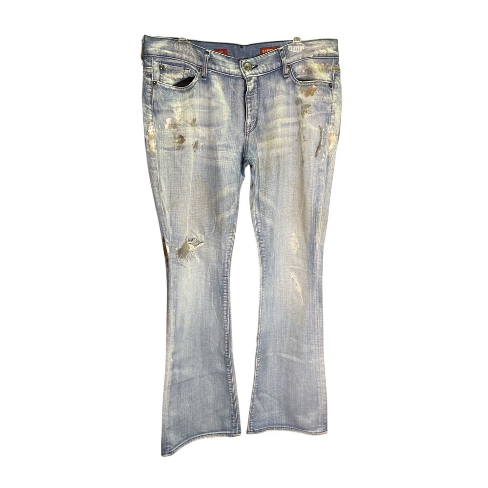 Express Women's‎ Vintage Light Wash Distressed Metallic Painted Jeans Size 12